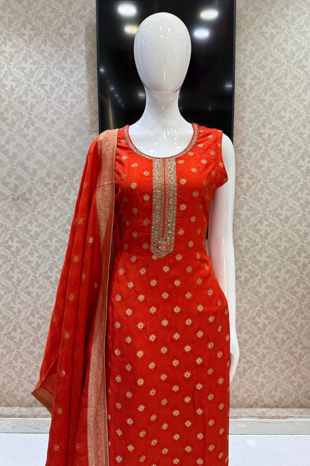 Orange Jacquard, Banaras Butta, Zardozi and Sequins work Straight Cut Salwar Suit