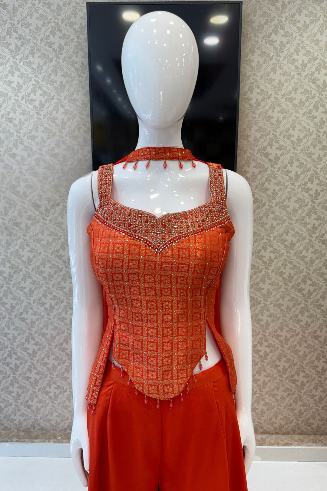 Orange Banaras, Stone, Mirror and Beads work Palazzo Suit Set