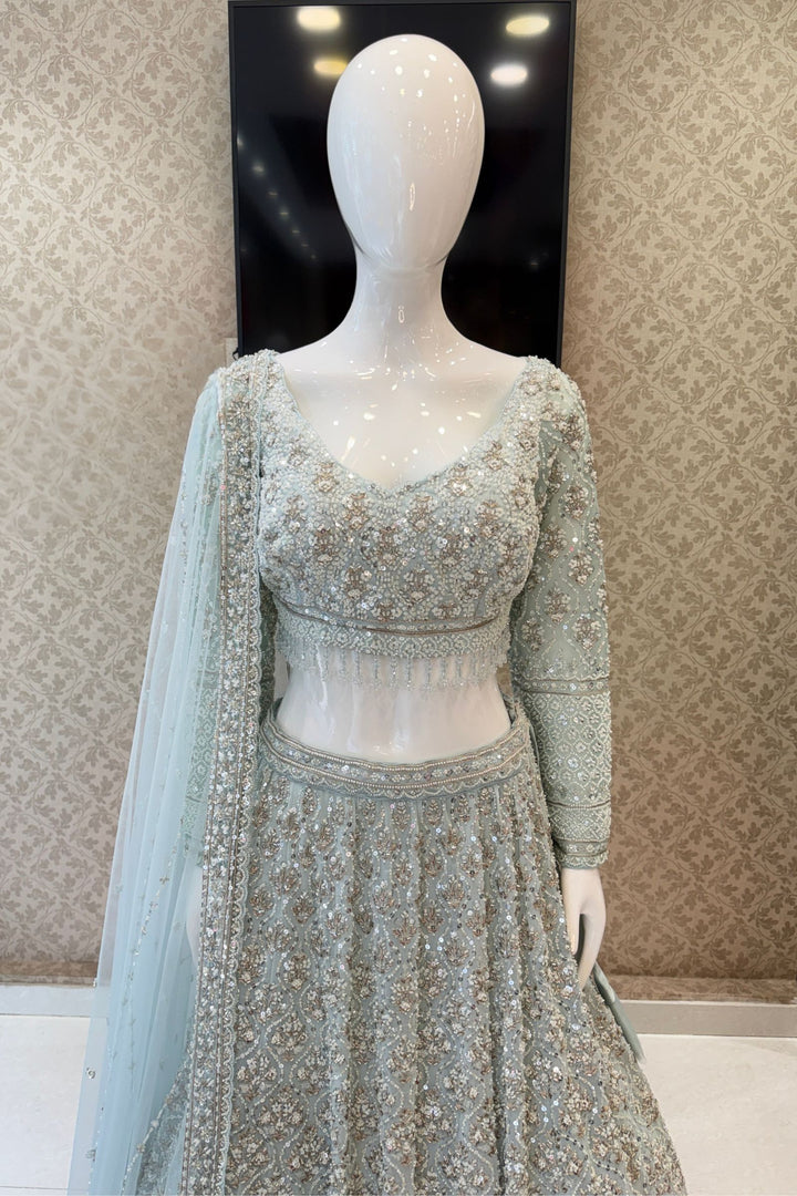 Aqua Blue Beads, Sequins and Zari work Crop Top Designer Bridal Lehenga