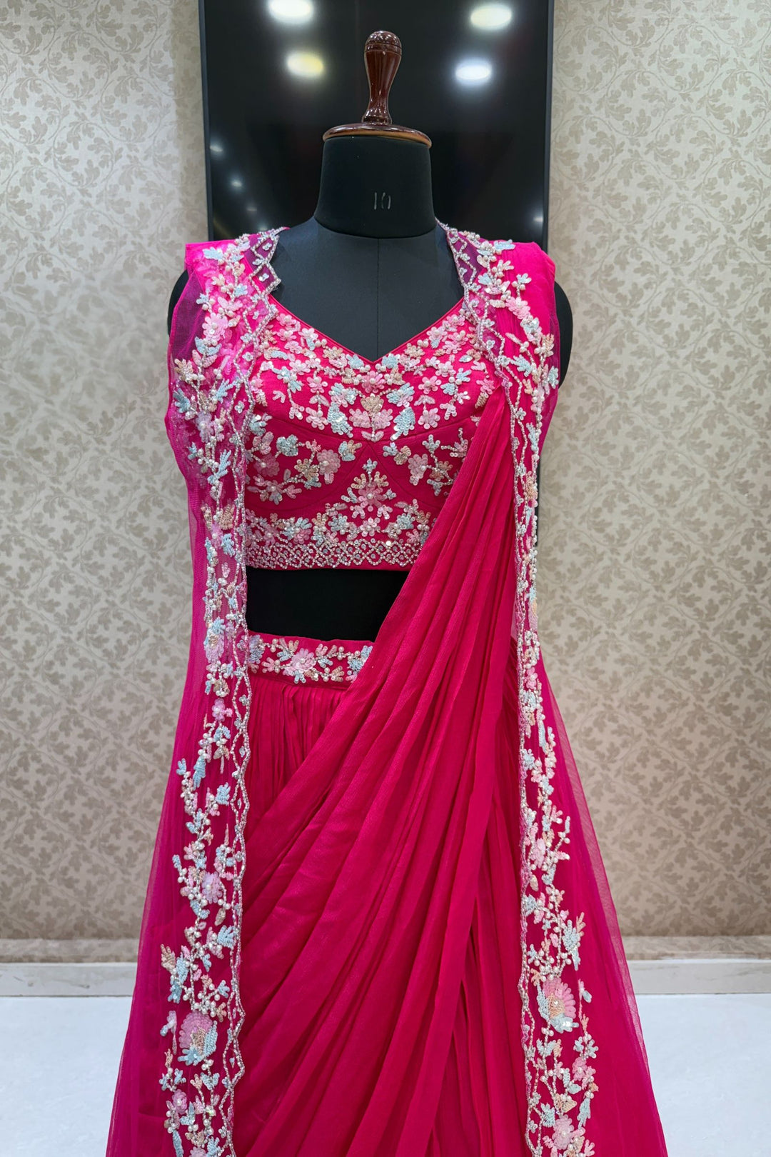 Rani Pink Sequins, Stone and Pearl work Indo-Western Styled Crop Top Lehenga  with Overcoat