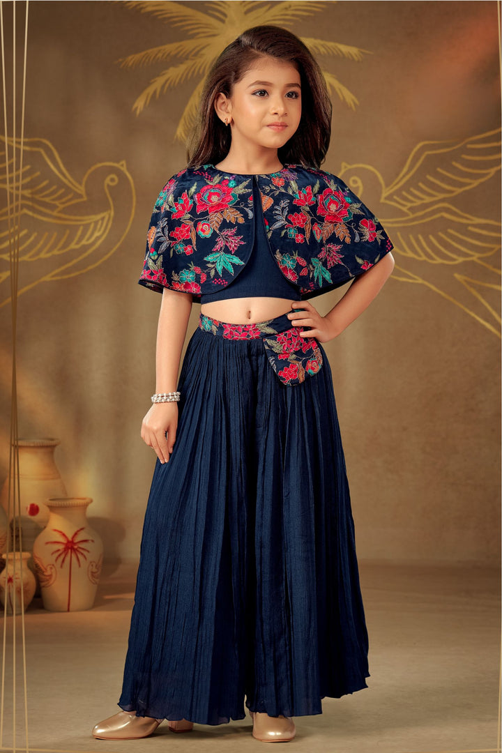 Navy Blue Zari work with Floral Print Poncho Styled Palazzo Suit Set for Girls