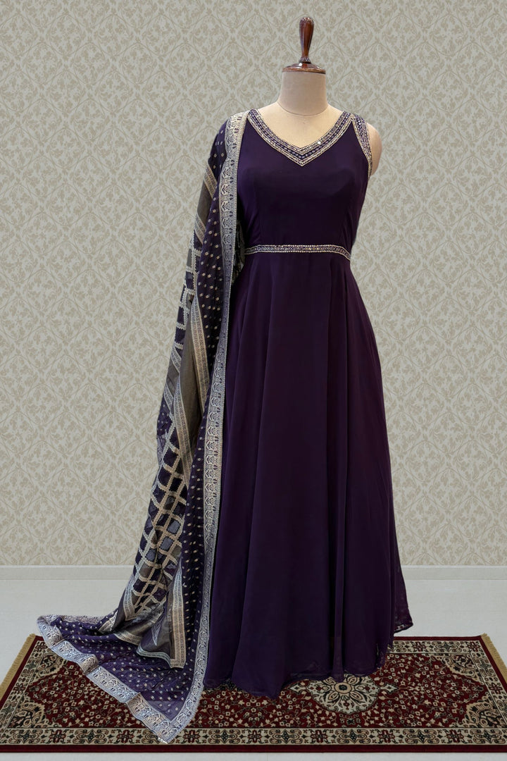 Wine Beads and Sequins work Anarkali Gown with Traditional Banaras work Dupatta