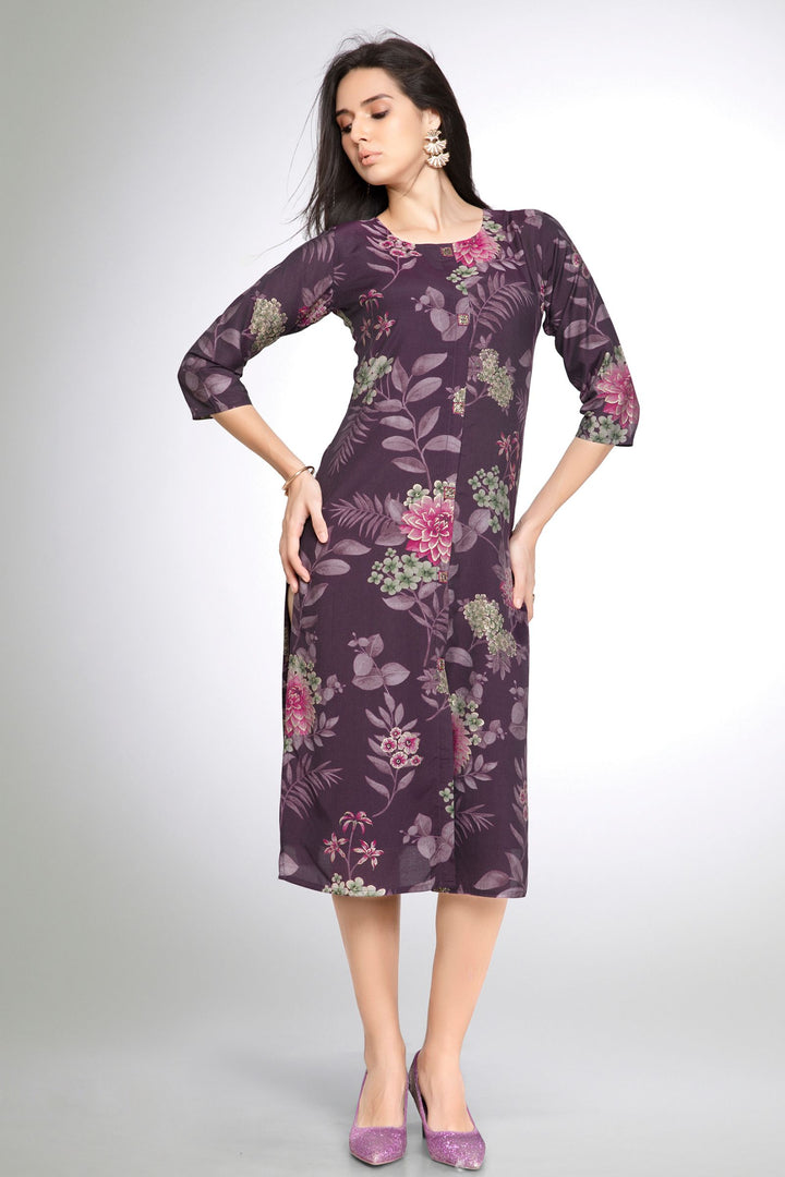 Wine Floral Print Calf Length Kurti