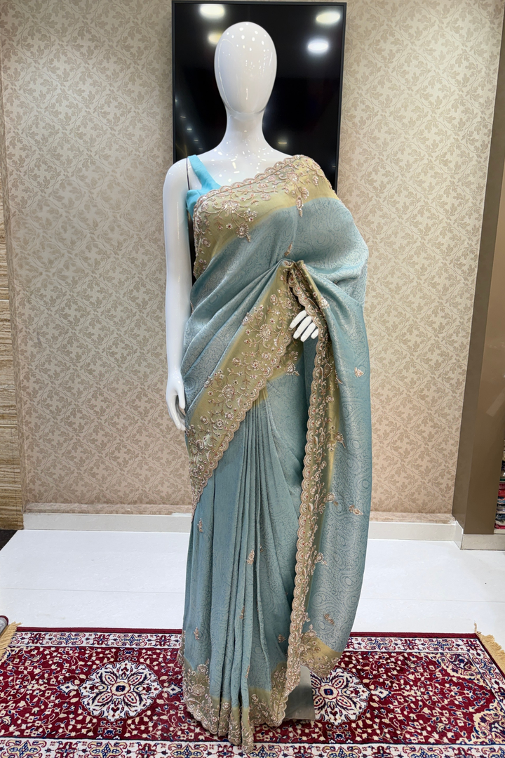 Firozi Blue Banaras, Beads, Sequins and Zari work Saree