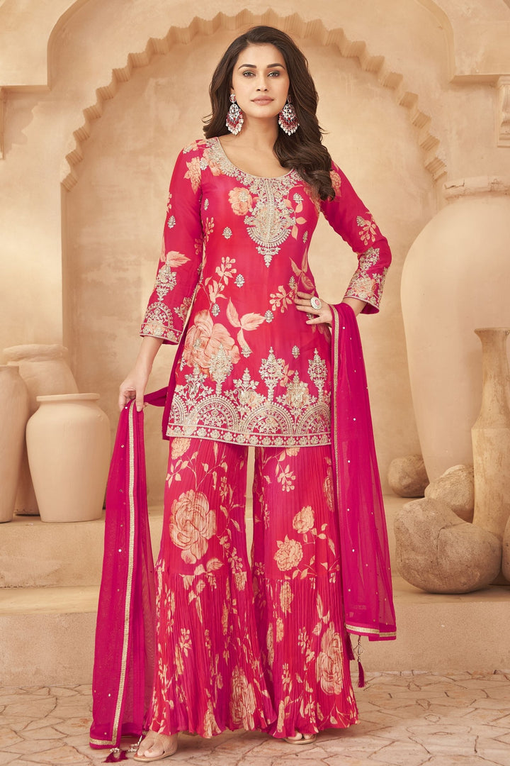 Pink with Orange Sequins and Zari work with Floral Print Sharara Salwar Suit