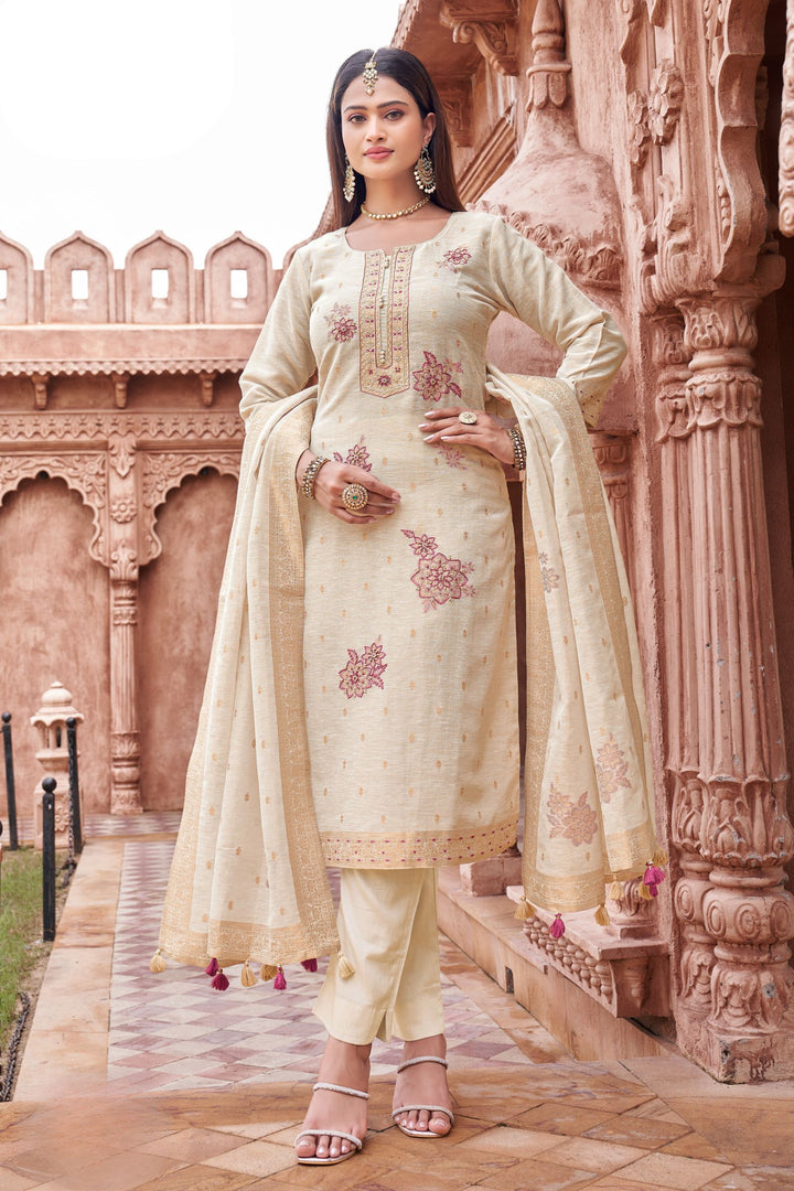 Beige Embroidery, Sequins and Zari work Straight Cut Salwar Suit