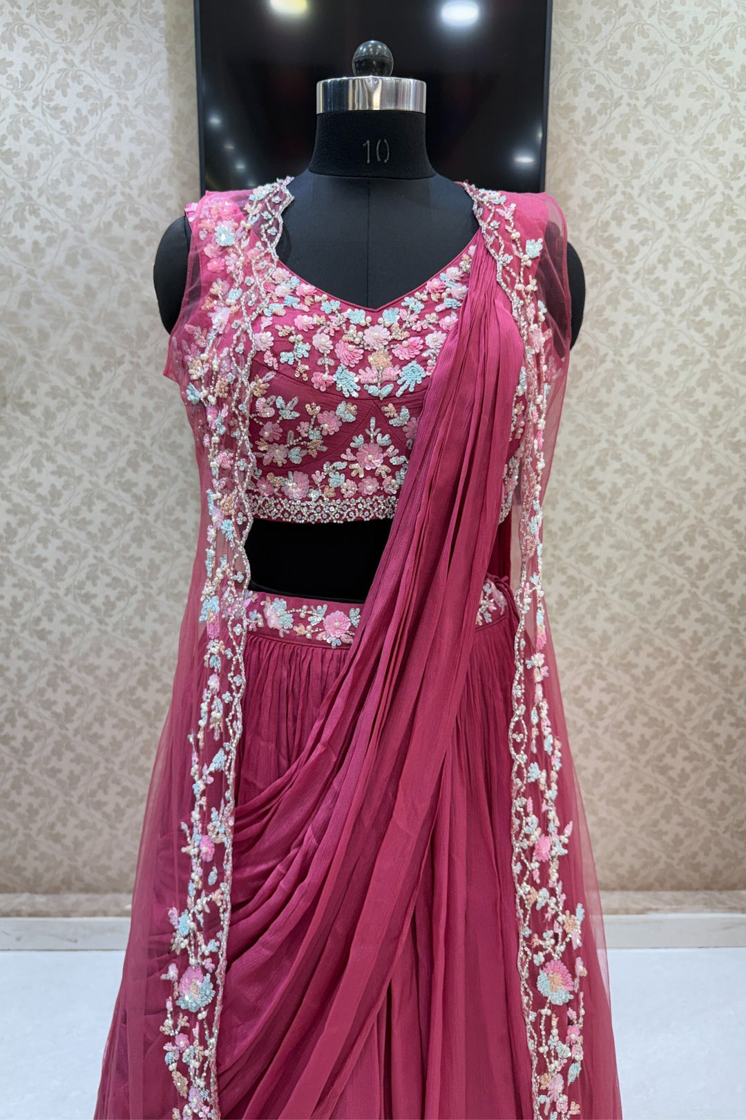 Onion Pink Sequins, Stone and Pearl work Indo-Western Styled Crop Top Lehenga  with Overcoat