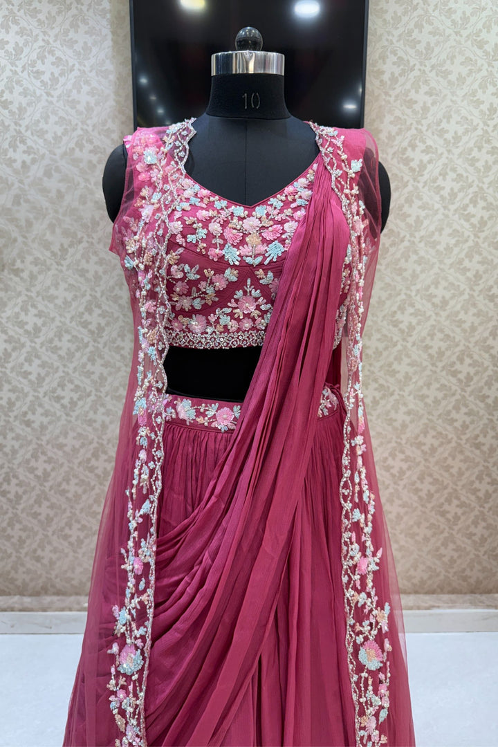 Onion Pink Sequins, Stone and Pearl work Indo-Western Styled Crop Top Lehenga  with Overcoat