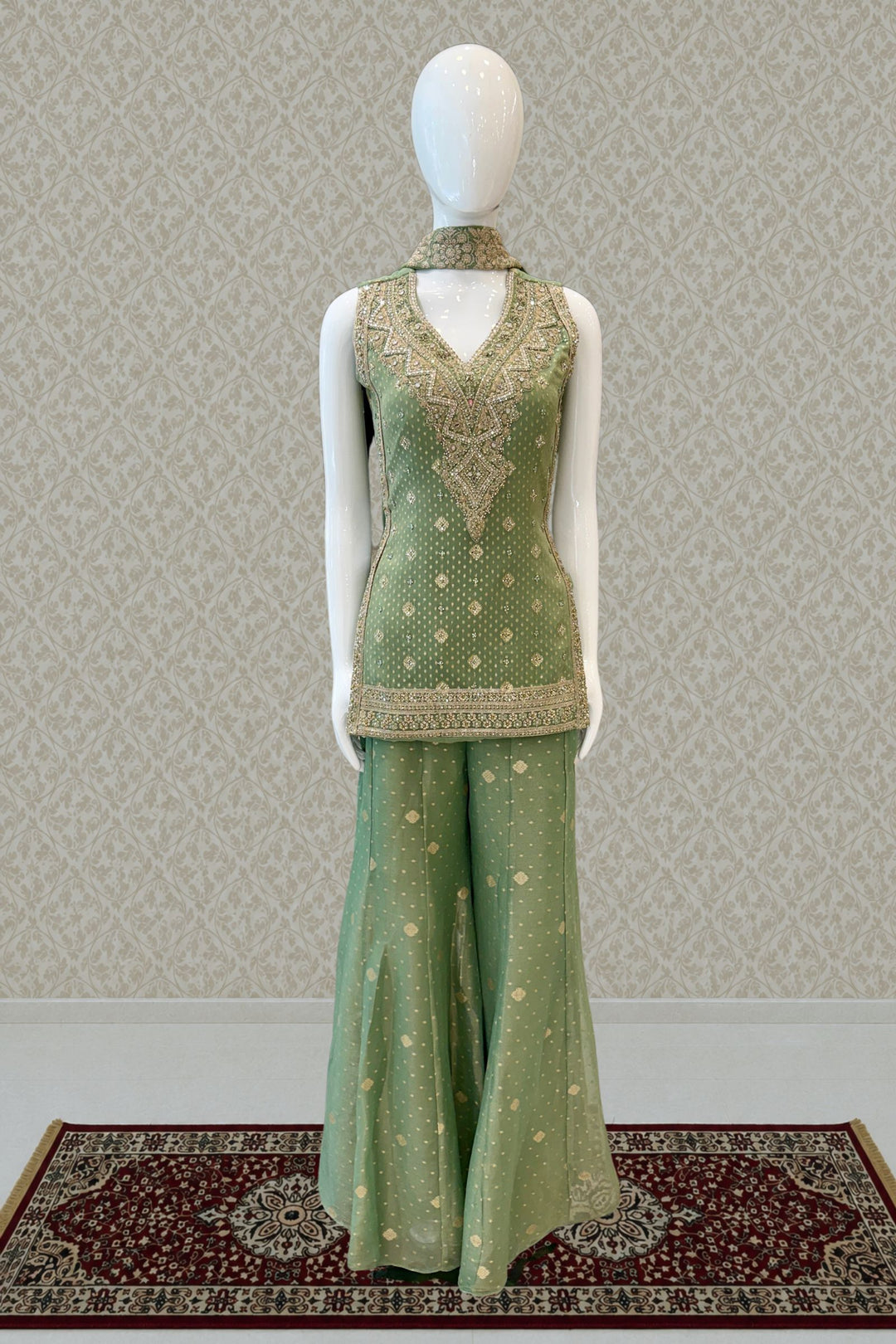 Pista Green Palazzo Salwar Suit with Banaras, Mirror, Zardozi, Zari and Embroidery Detailing