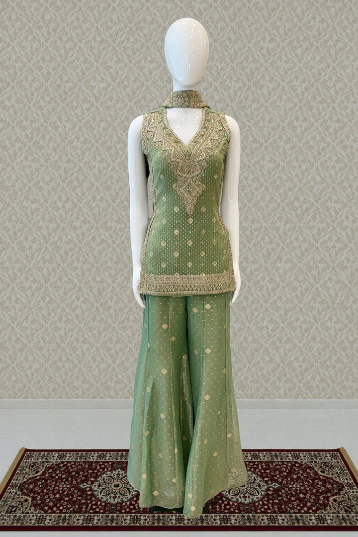 Pista Green Palazzo Salwar Suit with Banaras, Mirror, Zardozi, Zari and Embroidery Detailing