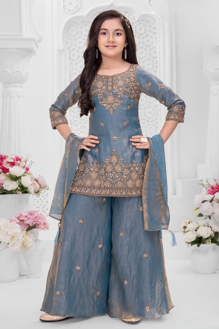 Greyish Blue Beads, Zari and Sequins work Palazzo Suit Set for Girls