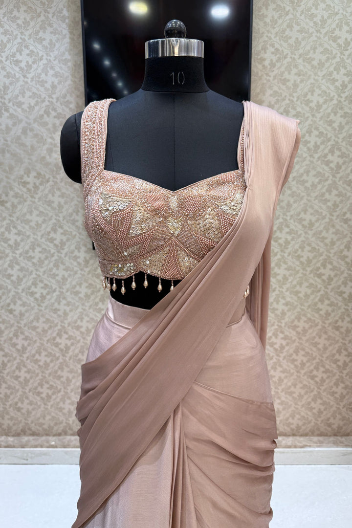 Beige Readymade Saree with Beads, Sequins and Pearl work Readymade Blouse