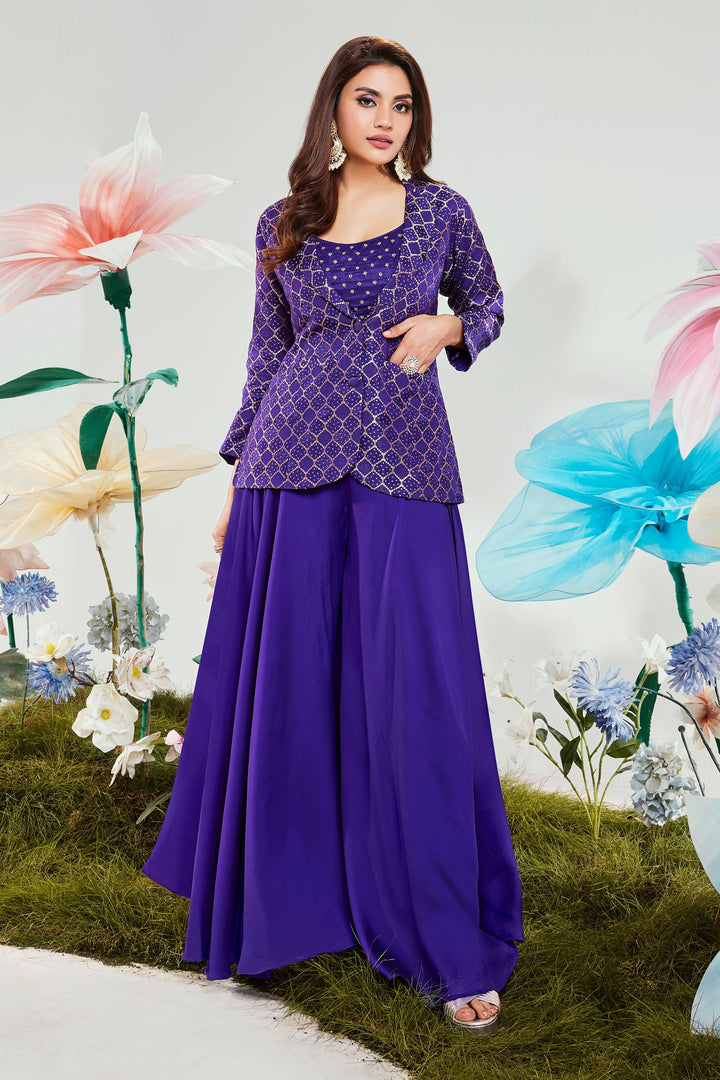 Purple Banaras and Beads work Overcoat Styled Palazzo Suit Set