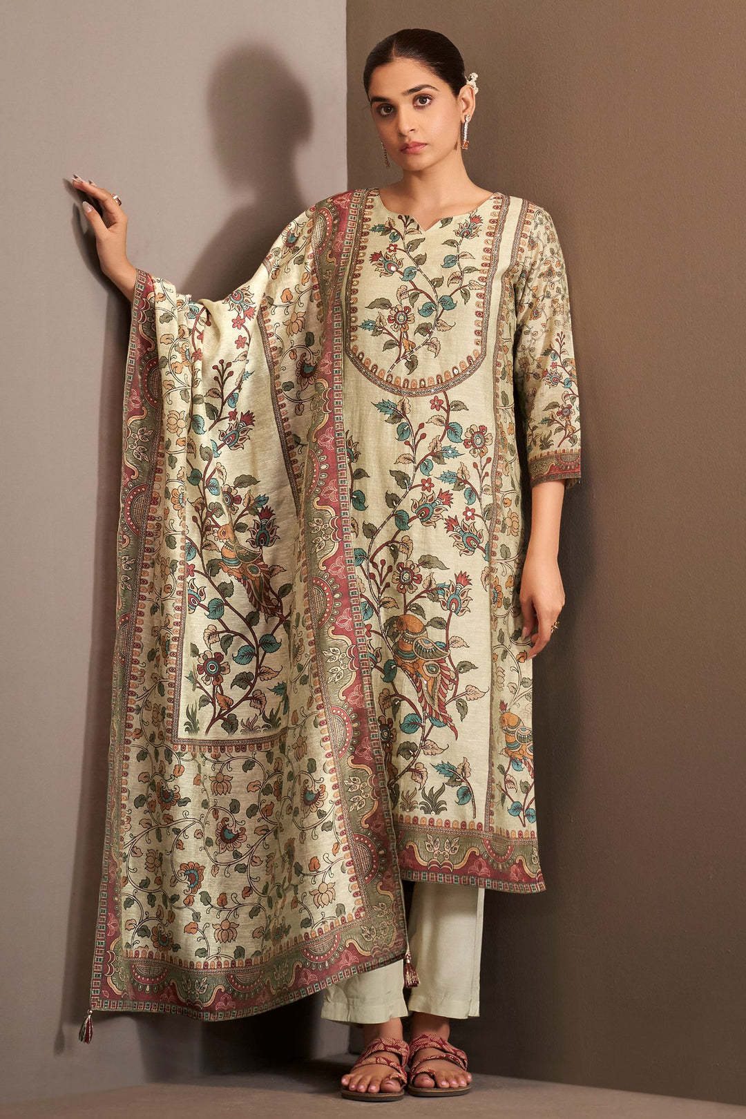 Beige Beads and Sequins work with Digital Print Straight Cut Salwar Suit