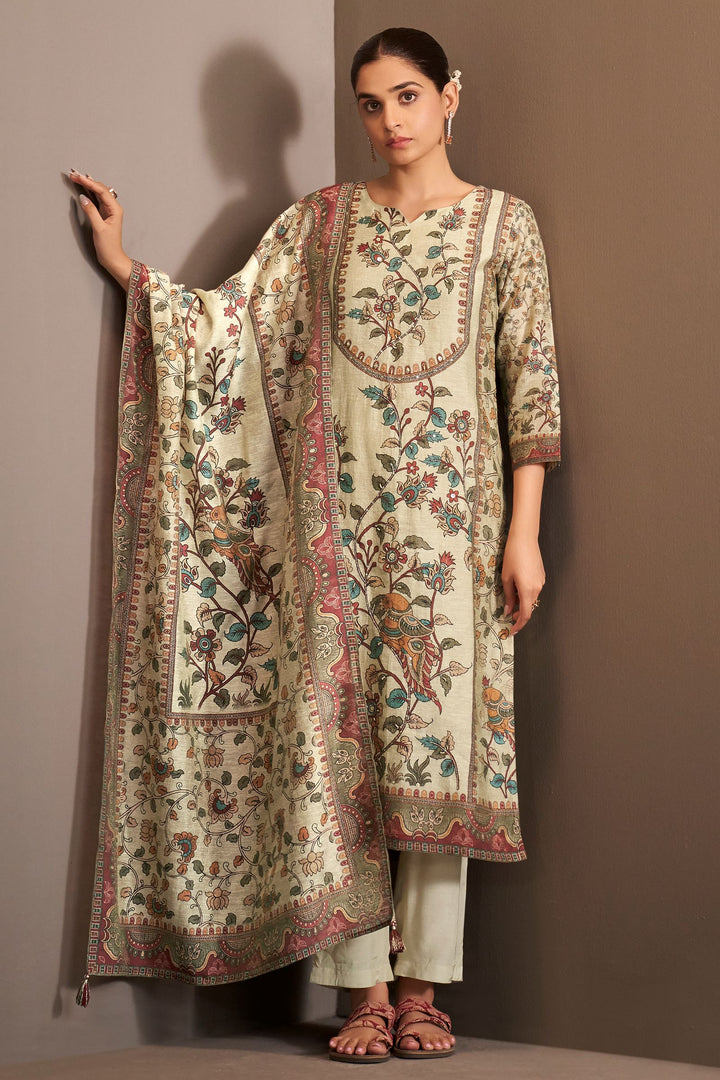 Beige Beads and Sequins work with Digital Print Straight Cut Salwar Suit