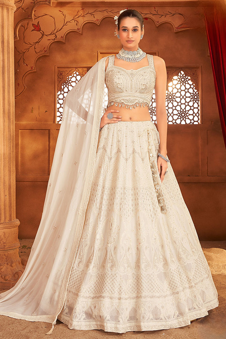 Cream Stone, Pearls, Zari, Sequins, Mirror, Beads and Embroidery work Crop Top Lehenga