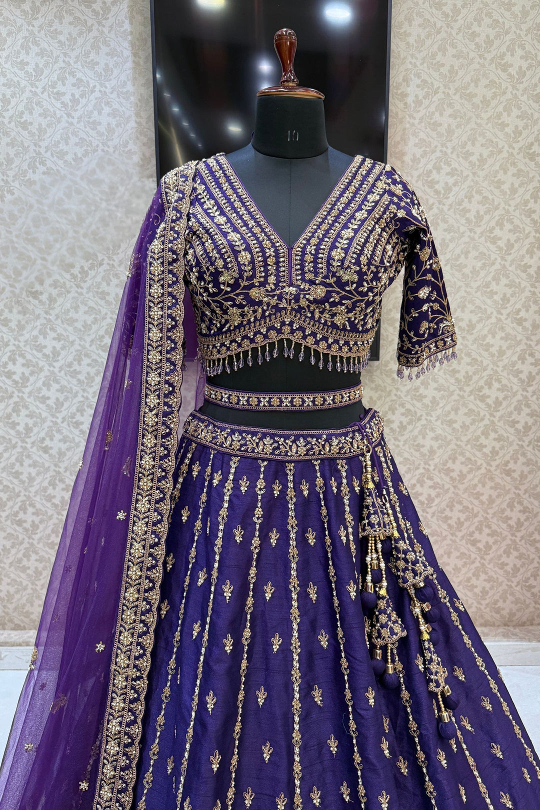 Purple Beads, Zari, Zardozi and Sequins work Crop Top Designer Bridal Lehenga with Belt