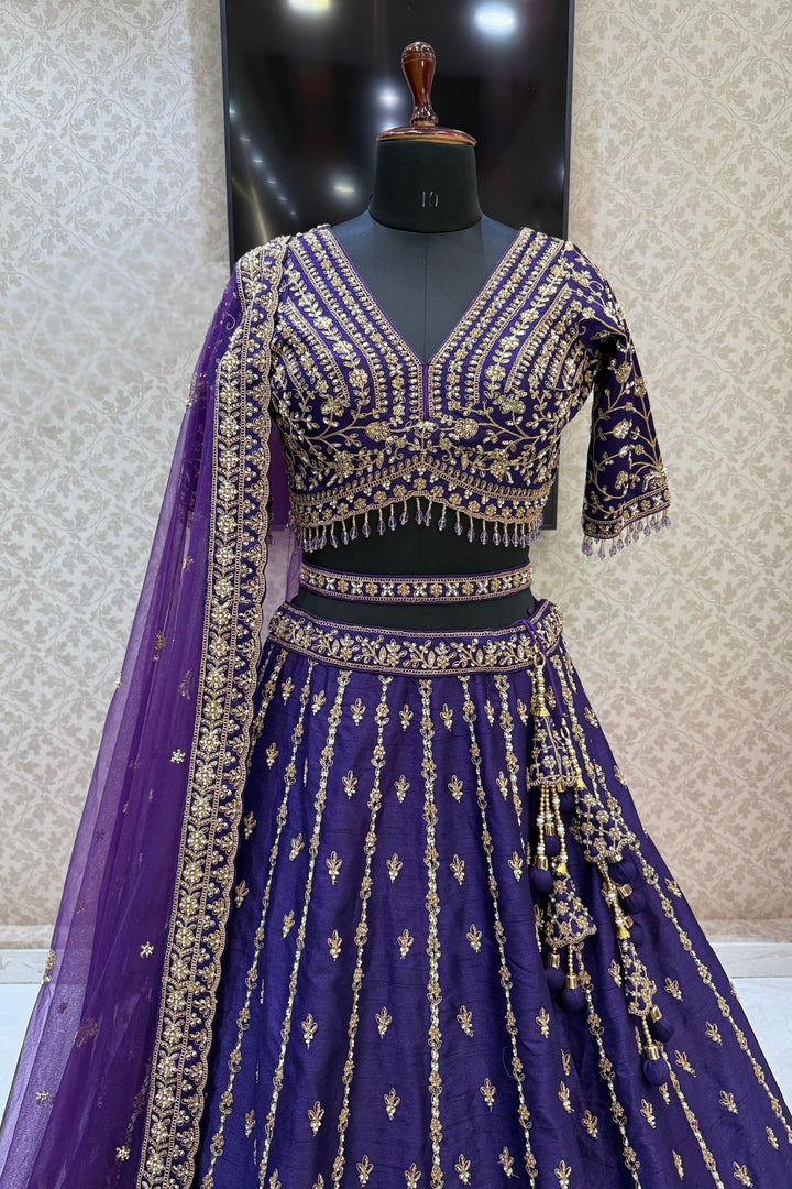 Purple Beads, Zari, Zardozi and Sequins work Crop Top Designer Bridal Lehenga with Belt