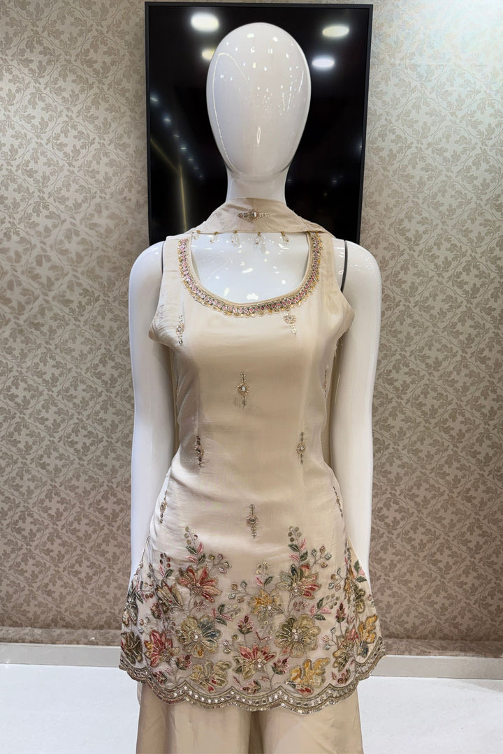 Cream Zari, Sequins, Beads and Mirror work with Floral Print Palazzo Salwar Suit