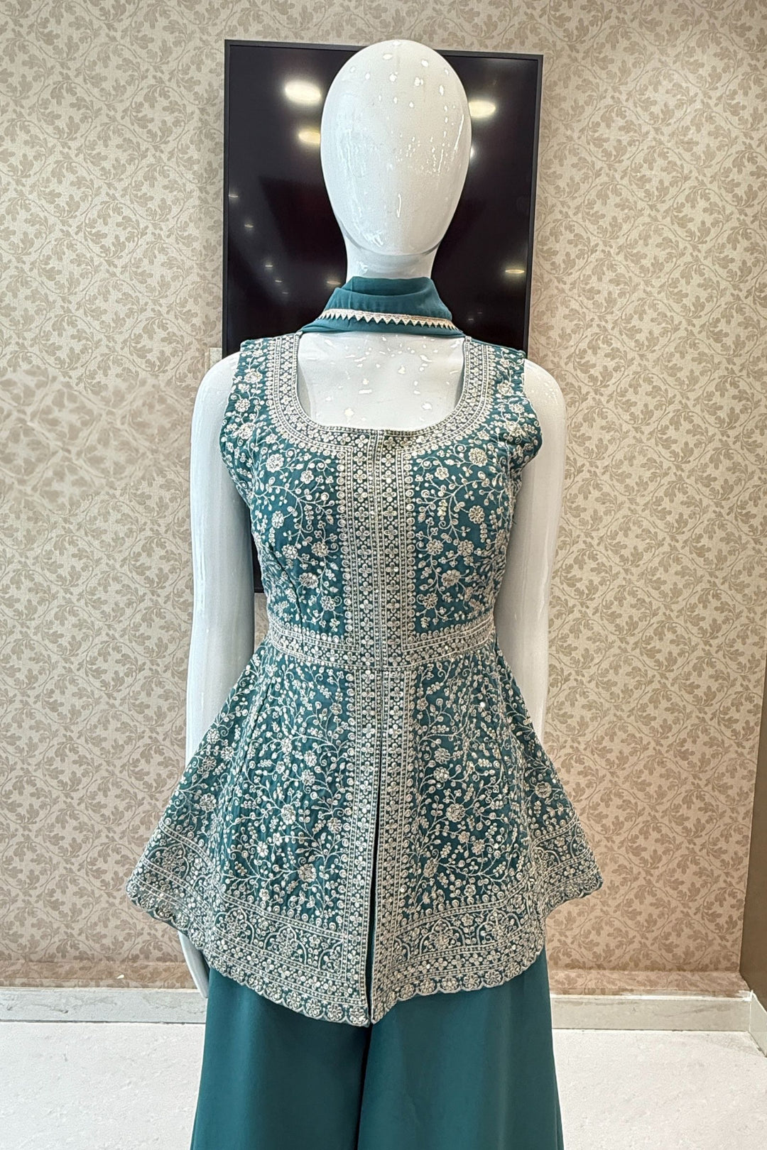 Sea Green Sequins and Zari work Peplum Top with Palazzo Suit Set