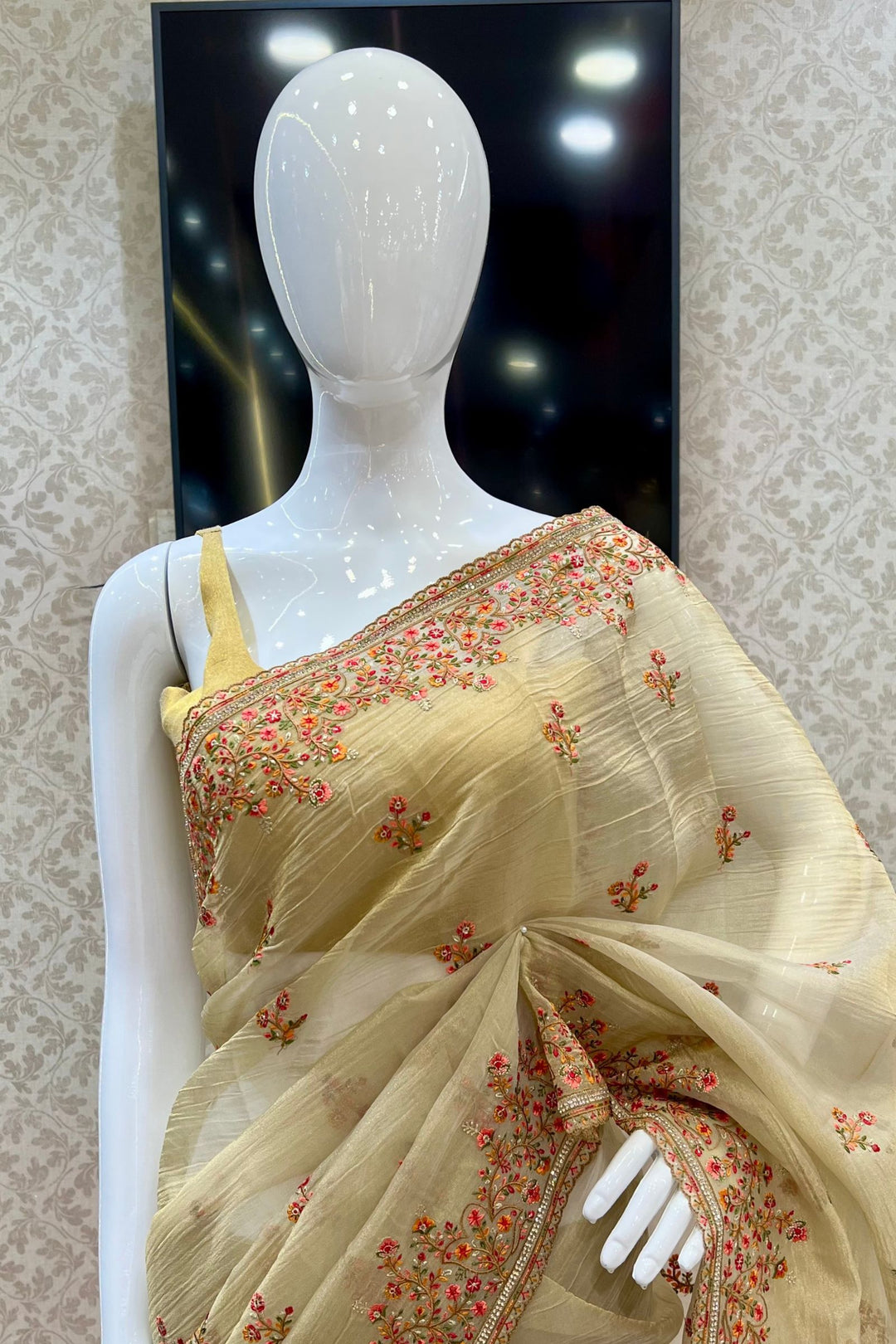 Gold Multicolor Embroidery, Sequins and Stone work Saree