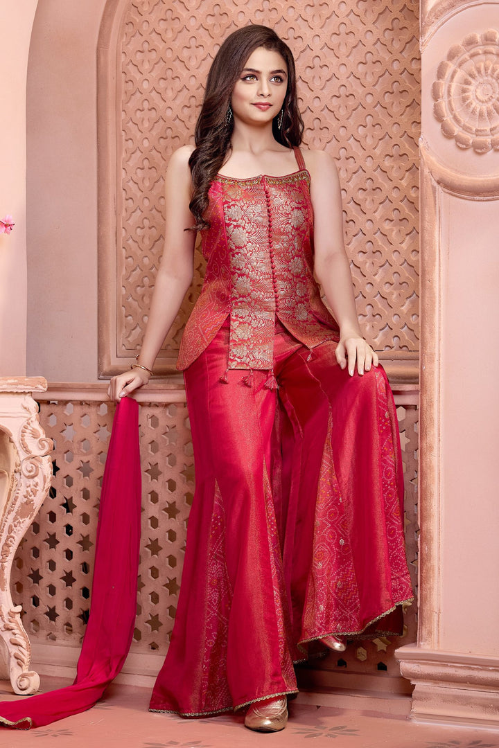 Pink Banaras Zari and Mirror work with Bandini Print Palazzo Suit Set for Girls