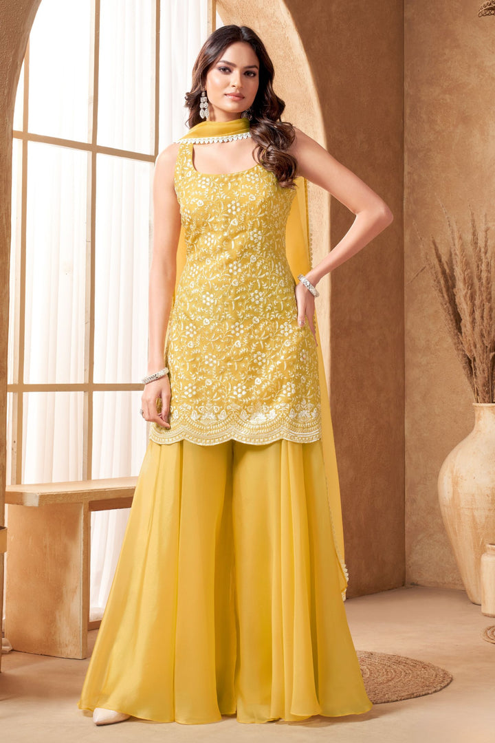 Yellow Sequins and Thread work Palazzo Salwar Suit