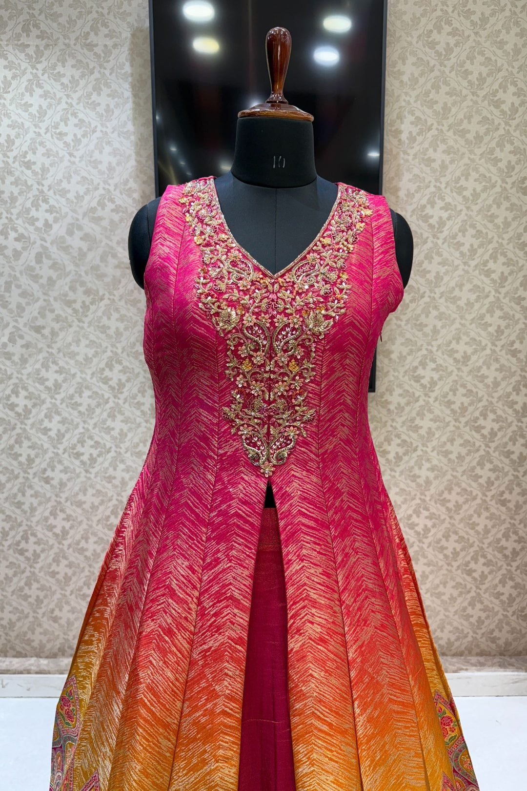 Pink with Mustard Banaras work Mastani Styled Long Top Lehenga