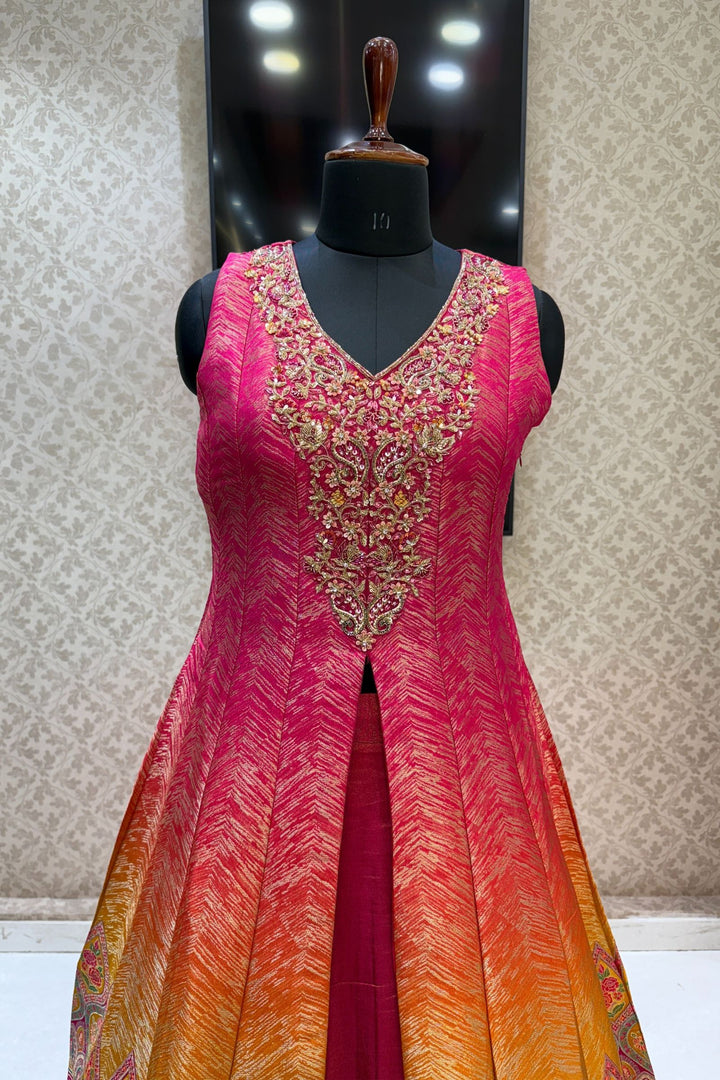 Pink with Mustard Banaras work Mastani Styled Long Top Lehenga
