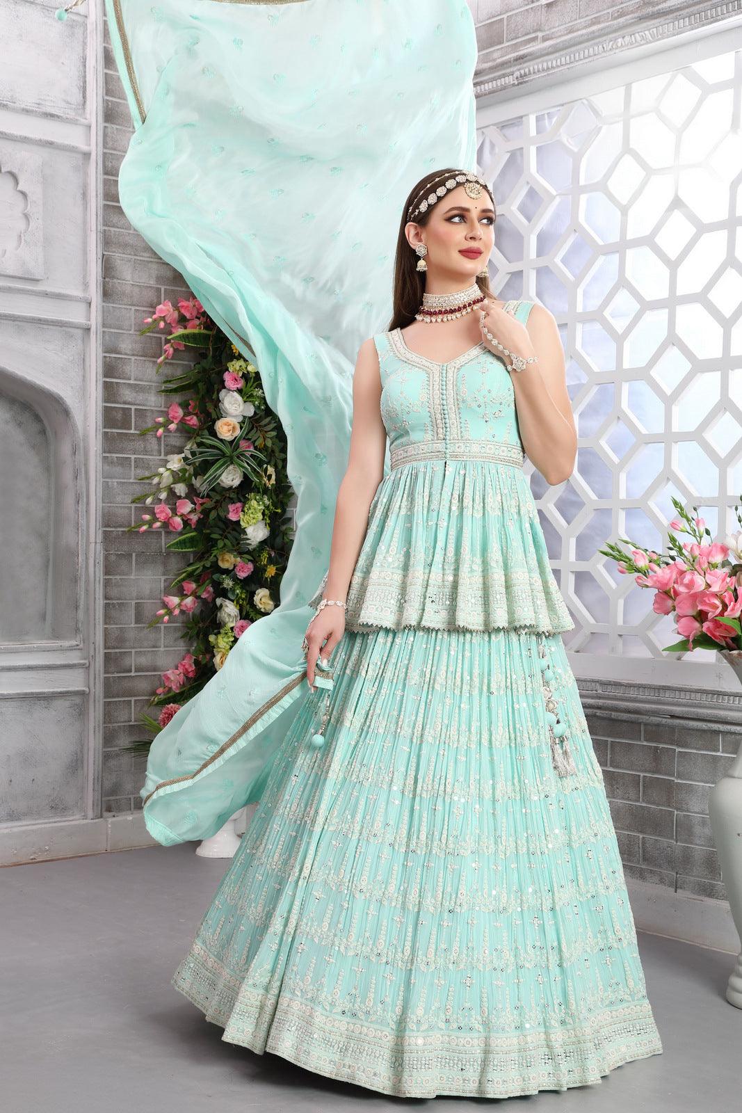 Fashion Ka Fatka Ahmedabad - Stunning Pastel Aqua Blue Colored Partywear  Embroidered Georgette Lehenga With Peach Colour Embroidered Raw Silk Choli.  For More Detail Visit https://www.fashionkafatka.com/sea-green-and-peach- lehenga-choli.html You Can ...