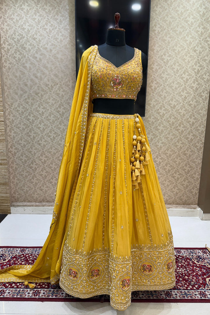 Yellow Zardozi, Beads, Thread, Sequins and Zari work Crop Top Lehenga
