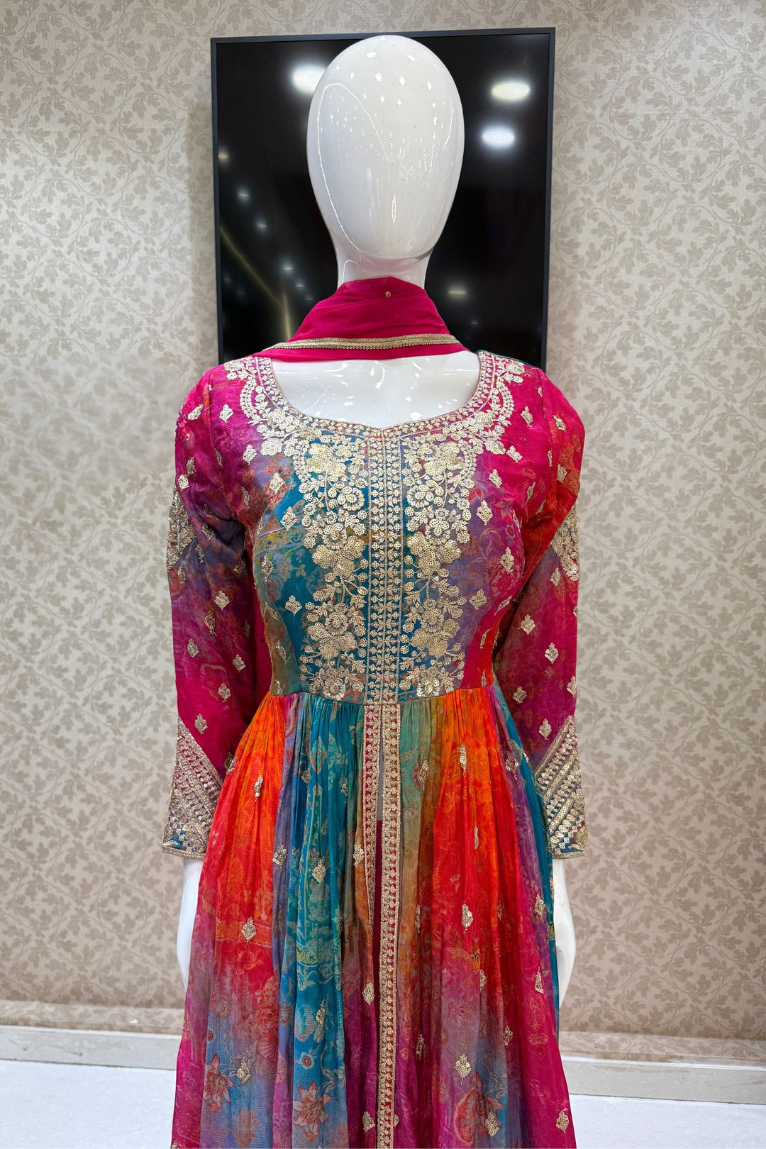 Multicolor Digital Print, Sequins and Zari work Palazzo Salwar Suit