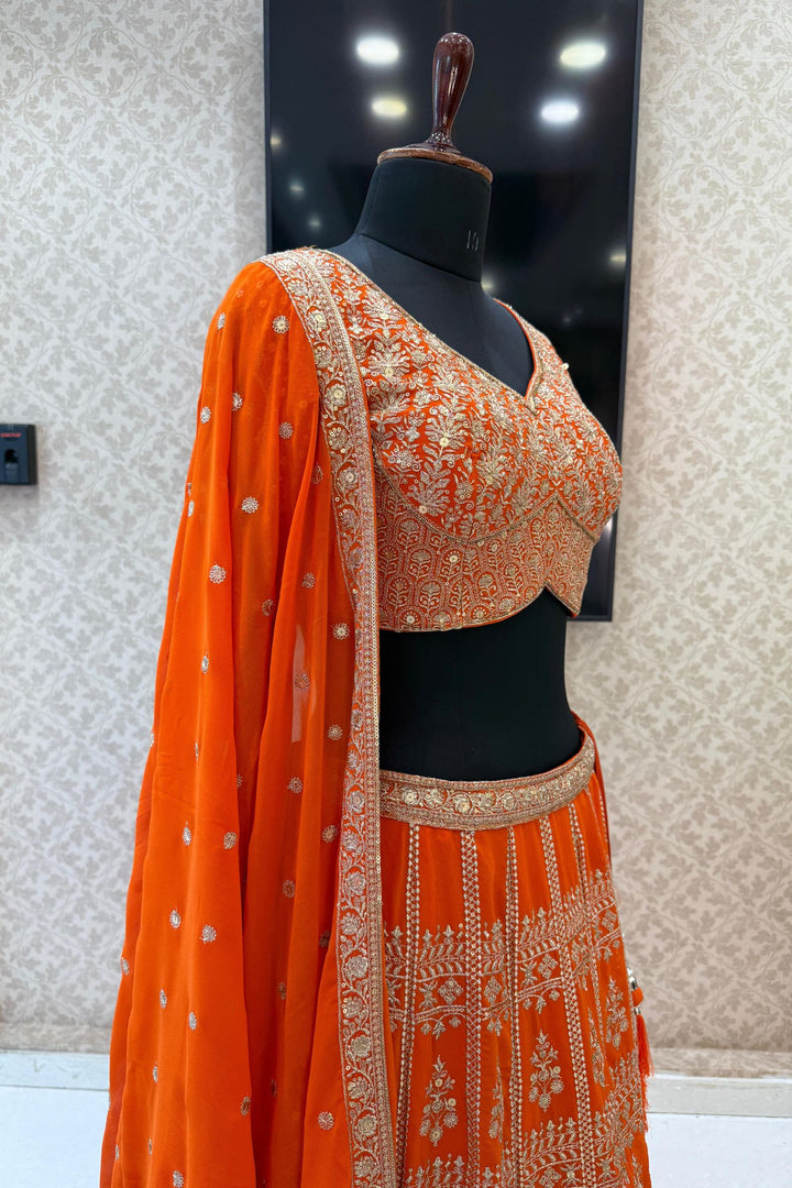 Orange Sequins and Zari work Crop Top Lehenga