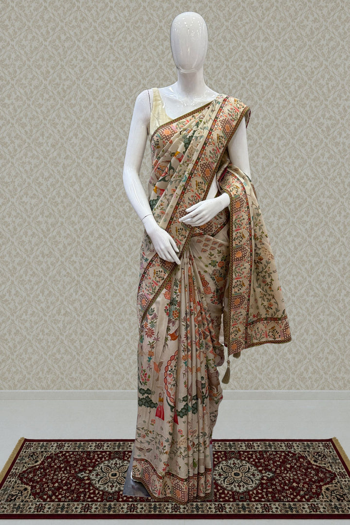 Cream Saree with Traditional Kalamkari Prints with Banaras work