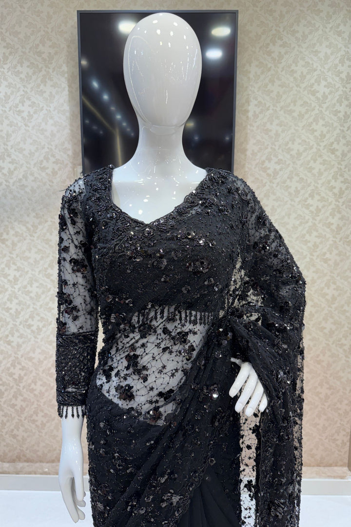 Black Beads and Sequins work Saree with Designer Blouse