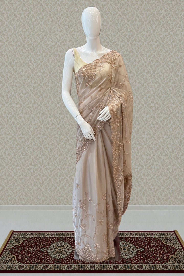 Chiku Saree with Intricate Sequin &amp; Beaded Embroidery and Scalloped Border
