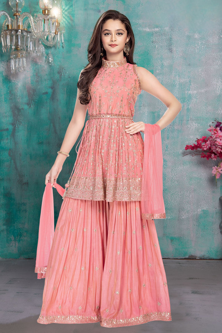 Peach Sequins, Zari, Beads, Stone and Mirror work Peplum Top and Sharara Set for Girls