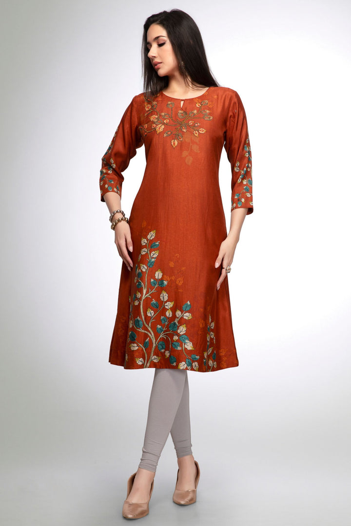 Rust Mirror work with Digital Print Calf Length Kurti
