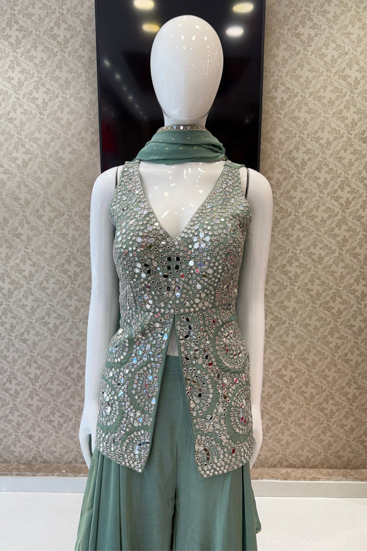 Sea Green Mirror, Zari and Stone work Top with Palazzo Pant Set