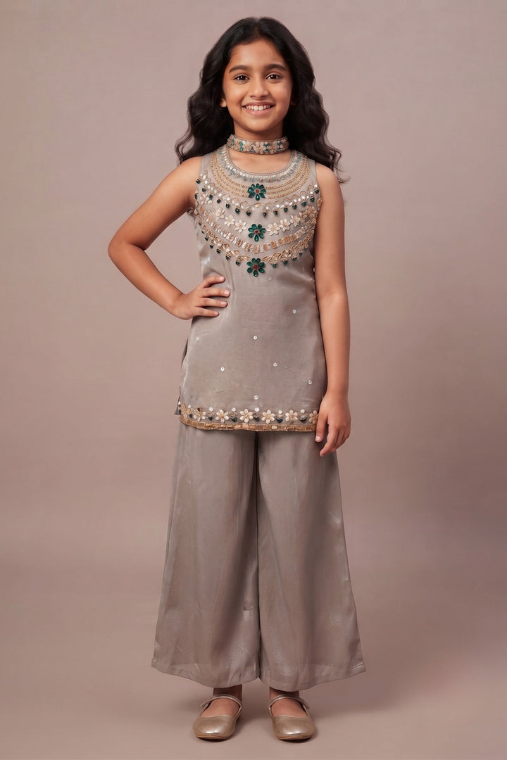 Grey Stone, Beads and Sequins work Palazzo Suit Set for Girls