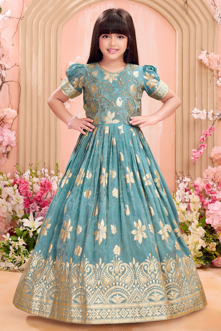 Sea Green Banaras Zari, Beads, Sequins, Stone and Zardozi work Long Party Gown for Girls