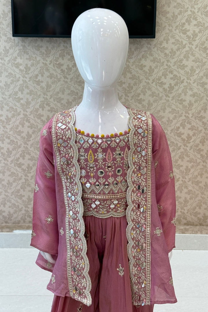 Onion Pink Sequins, Zari and Thread work Overcoat Style Palazzo Suit Set for Girls