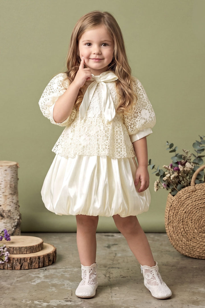 Cream Lace Bubble Hem Short Frock for Girls