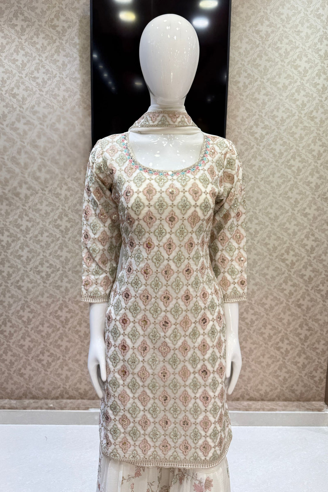 Cream Multicolor Thread, Zari, Sequins, Mirror, Stone and Zardozi work Sharara Salwar Suit