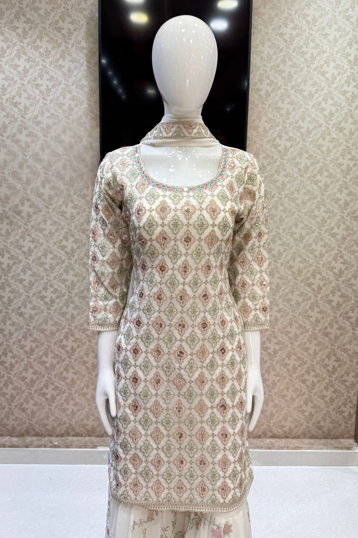 Cream Multicolor Thread, Zari, Sequins, Mirror, Stone and Zardozi work Sharara Salwar Suit