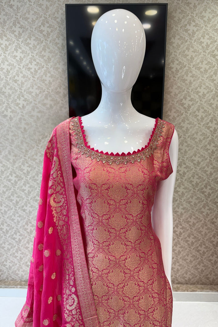 Rani Pink Beads, Mirror, Stone, Banaras and Brocade work Straight Cut Salwar Suit