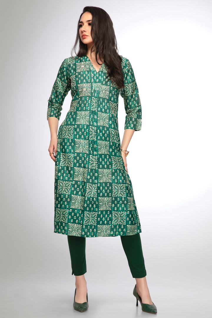 Green Beads and Sequins work with Digital Print Calf Length Kurti