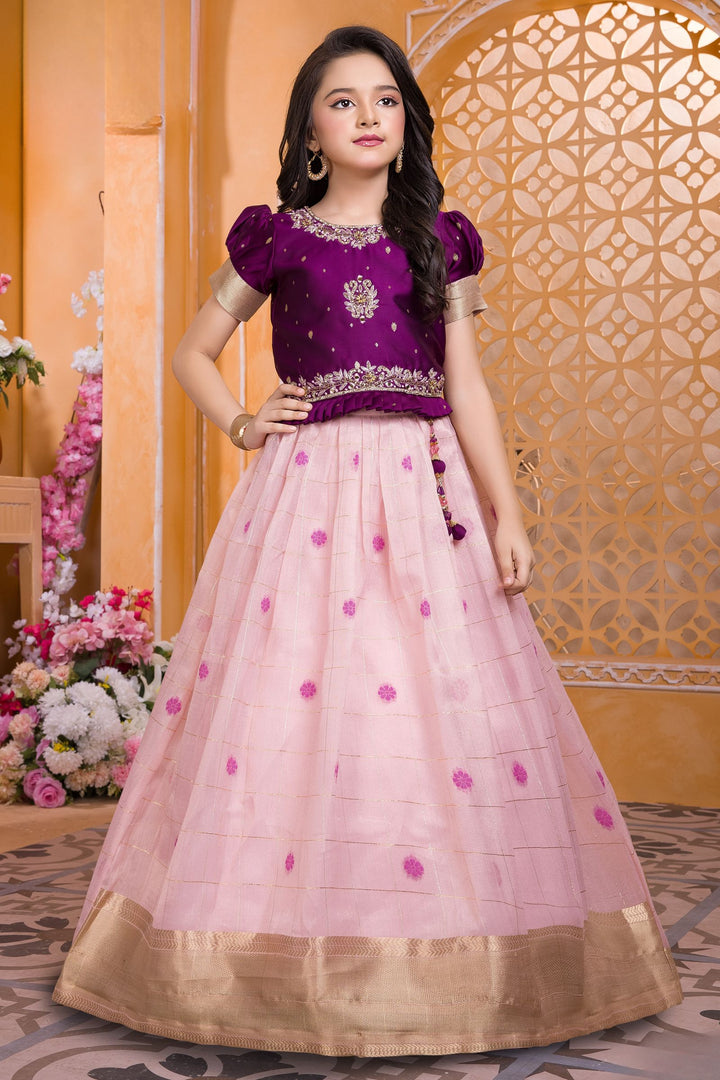 Wine with Light Pink Zardozi, Stone, Beads and Banaras Zari work Lehenga Choli for Girls