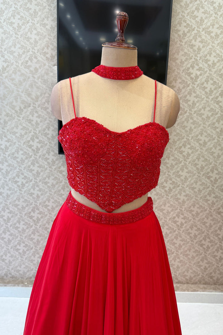 Red Beads and Sequins work Crop Top Lehenga