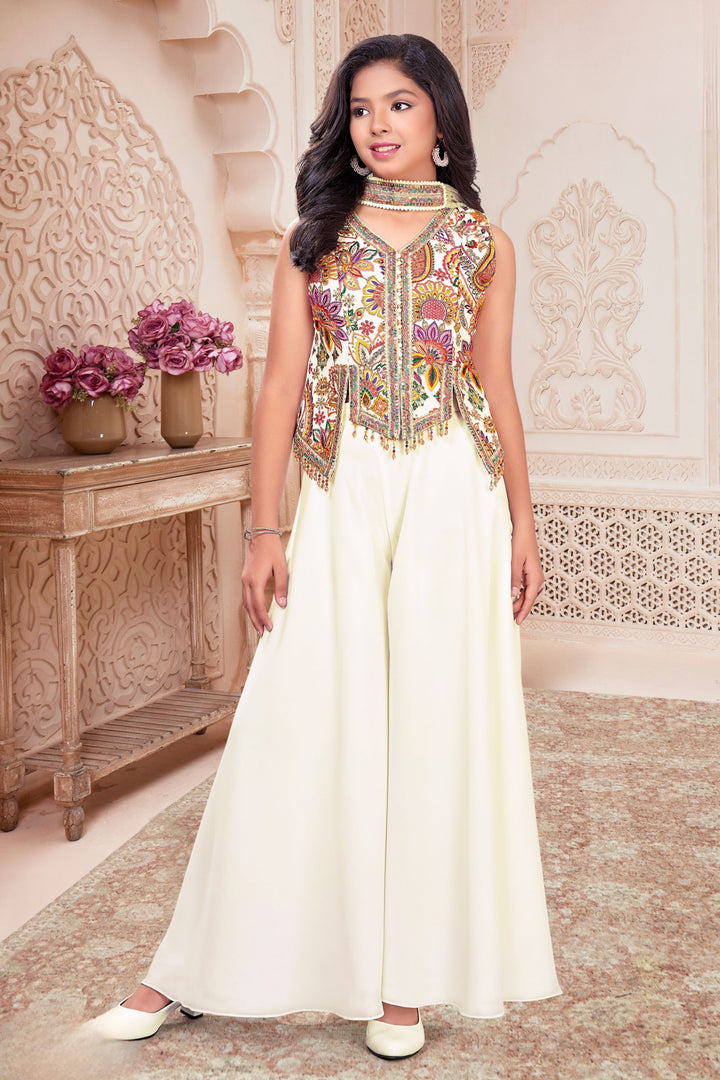 Cream Multicolor Embroidery, Sequins and Zari work Palazzo Suit Set for Girls